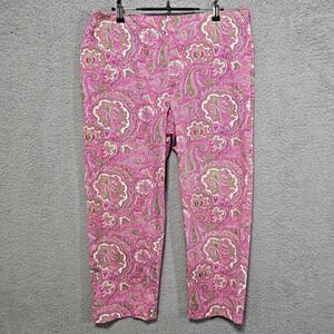 Talbots Classic Side Zip Pink Green Pailsey Pants Summer Comfort Stretch Size 8